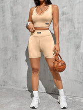 Khaki Tight-Knit Long Sleeve Crop Top And Skirt Set With Patch Detail